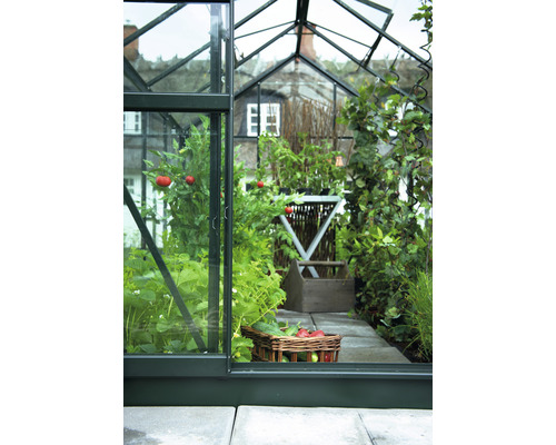 Serre avec légumes et plantes à l''intérieur, présentée par une porte ouverte