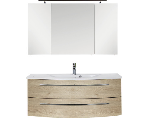 Ensemble de meubles de salle de bains Marlin salle de bains 3040 120 cm chêne structure naturel y compris armoire de toilette et lavabo en céramique blanc