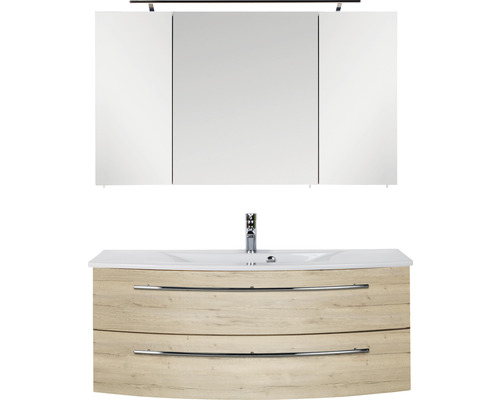 Ensemble de meubles de salle de bains Marlin salle de bains 3040 120 cm chêne structure blanc y compris armoire de toilette et lavabo en céramique blanc