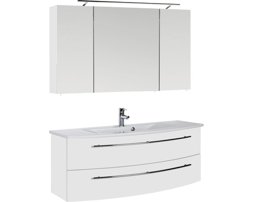 Ensemble de meubles de salle de bains Marlin salle de bains 3040 120 cm blanc brillant y compris armoire de toilette et lavabo en céramique blanc