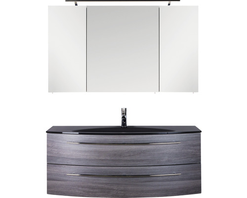 Ensemble de meubles de salle de bains Marlin salle de bains 3040 120 cm châtaigne graphite y compris armoire de toilette et lavabo en verre noir