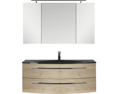 Ensemble de meubles de salle de bains Marlin salle de bains 3040 120 cm chêne structure naturel y compris armoire de toilette et lavabo en verre noir