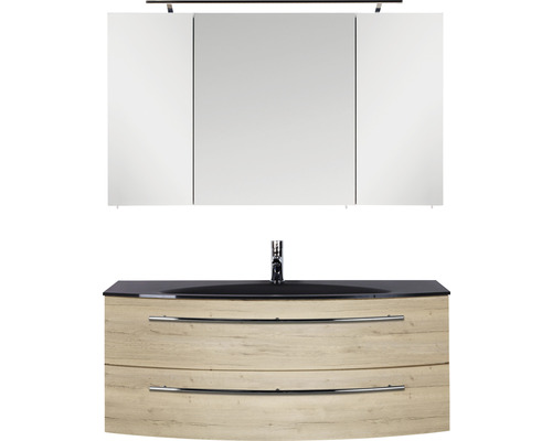 Ensemble de meubles de salle de bains Marlin salle de bains 3040 120 cm chêne structure blanc y compris armoire de toilette et lavabo en verre noir