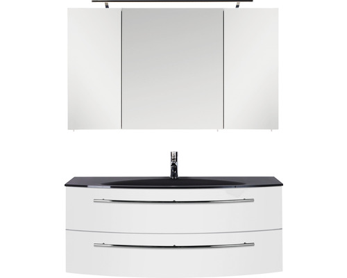 Ensemble de meubles de salle de bains Marlin salle de bains 3040 120 cm blanc brillant y compris armoire de toilette et lavabo en verre noir