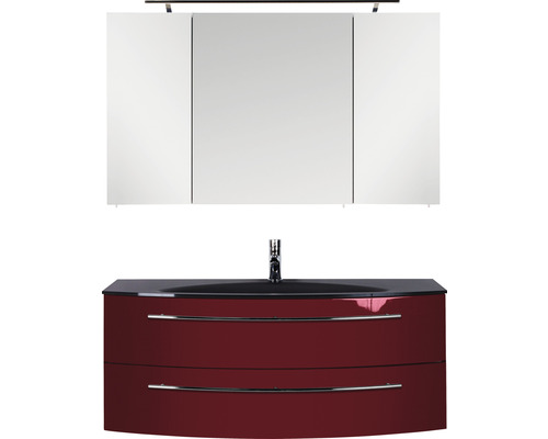 Ensemble de meubles de salle de bains Marlin salle de bains 3040 120 cm rouge/anthracite brillant y compris armoire de toilette et lavabo en verre noir