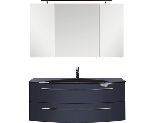 Ensemble de meubles de salle de bains Marlin salle de bains 3040 120 cm anthracite brillant y compris armoire de toilette et lavabo en verre noir