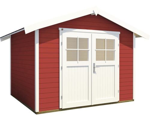 Petite cabane de jardin avec double porte et toit à deux pentes