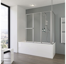 Badezimmer mit Badewannenaufsatz aus Glas und Armatur