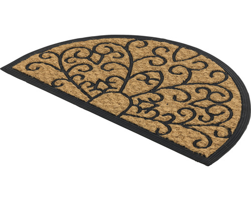 Halbrunde Fussmatte aus Kokosfaser mit Ornamentmuster und Gummirand