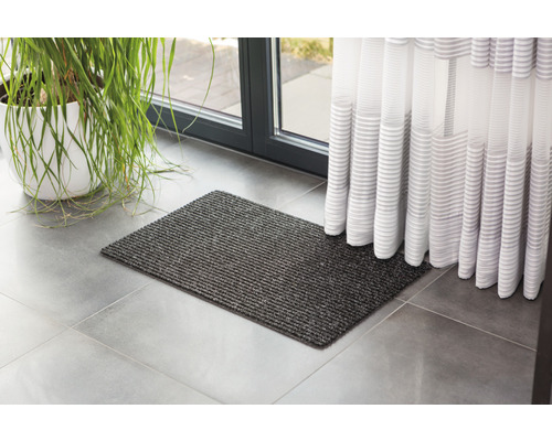 Grauer Fussabtreter vor einer Tür mit Vorhang und einer Zimmerpflanze.