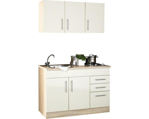 Kompakte Küchenzeile mit Spüle, Kochfeld, Unterschränken, Schubladen und Hängeschränken für kleine Räume