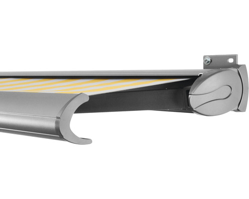 SOLUNA Kassettenmarkise Exclusiv 5,5x2,5 Stoff Dessin 1012 Gestell Silber E6EV1 eloxiert Antrieb rechts inkl. Motor und Wandschalter