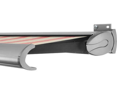 SOLUNA Kassettenmarkise Exclusiv 4,5x2,5 Stoff Dessin 8430 Gestell Silber E6EV1 eloxiert Antrieb rechts inkl. Motor und Wandschalter