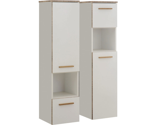 Zwei weisse Badezimmerschränke mit Schubladen und offenen Fächern