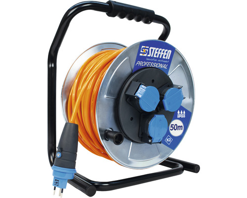 Enrouleur de câble Professional 3 x T13 EPR-PUR 50 m IP 55 noir gris bleu Steffen enrouleur de câble avec cinquante mètres de câble orange