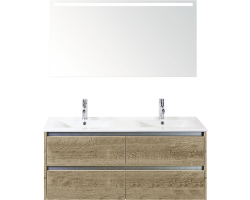 Ensemble de meubles de salle de bains Sanox Dante couleur de façade chêne lxhxp 121x170x46 cm avec lavabo en céramique et miroir avec éclairage LED