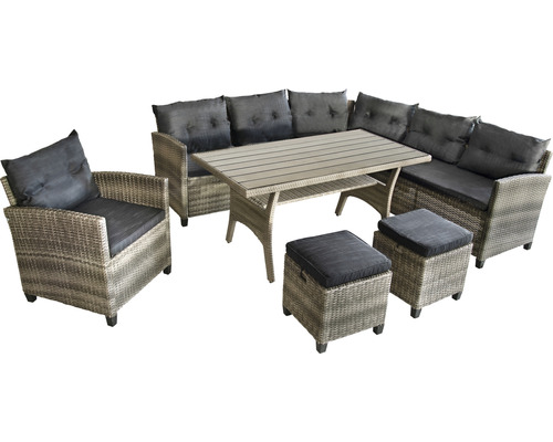 Gartenmöbelset 6 -Sitzer bestehend aus: 2 Sofas,1 Eckmodul,Sessel,2 Hocker,Tisch Polyrattan Aluminium Grau