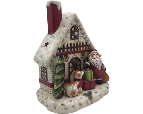Maison de Noël décorative en céramique avec Père Noël, chien et cadeaux