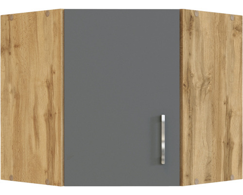 Élément haut d''angle avec porte grise et décor bois