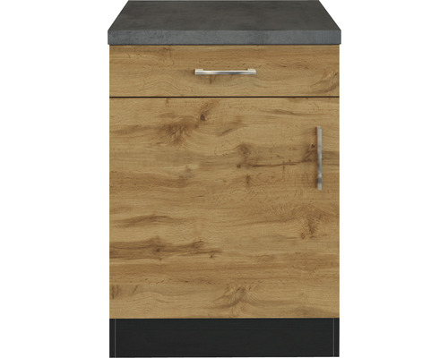 Meuble bas avec tiroir, effet bois et poignée en métal