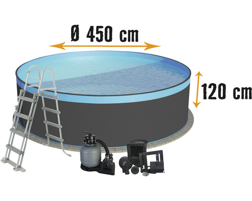 Kit de piscine hors sol avec parois en acier ronde Ø 450x120 cm avec groupe de filtration à sable, échelle, skimmer anthracite