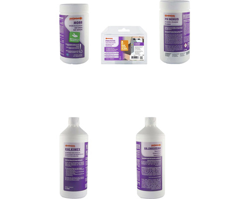 Divers produits d''entretien de piscine : comprimés de brome, testeur de piscine, pH moins, détartrant et nettoyant.