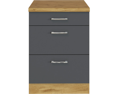 Commode grise à trois tiroirs et surface en bois