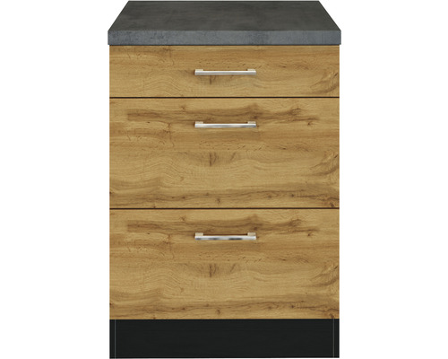 Meuble bas de cuisine avec trois tiroirs, aspect bois et plan de travail