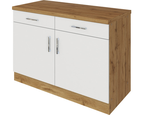 Meuble bas blanc avec deux tiroirs et deux portes aspect bois