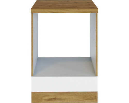 Meuble bas de cuisine avec des éléments en bois et blancs