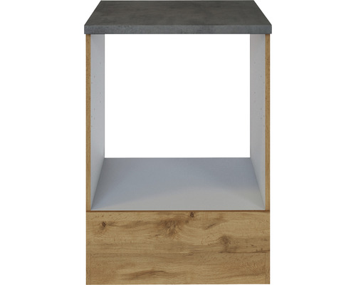 Meuble bas de cuisine avec plan de travail en béton et élément en bois