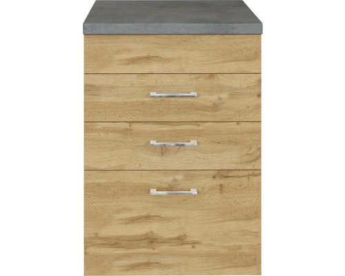 Meuble bas avec trois tiroirs et couvercle gris