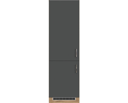 Armoire haute avec deux portes grises et poignées argentées, ainsi qu''une plinthe en bois