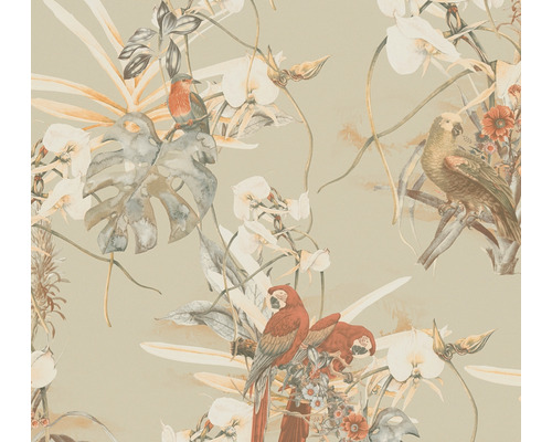 Tapete mit Papageien- und Pflanzenmuster