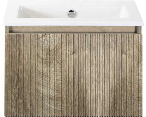 Ensemble de meubles de salle de bains Sanox Frozen 3D lxhxp 61 x 42 x 46 cm couleur de façade grain oak 2 pièces avec lavabo en céramique sans perçage de robinetterie