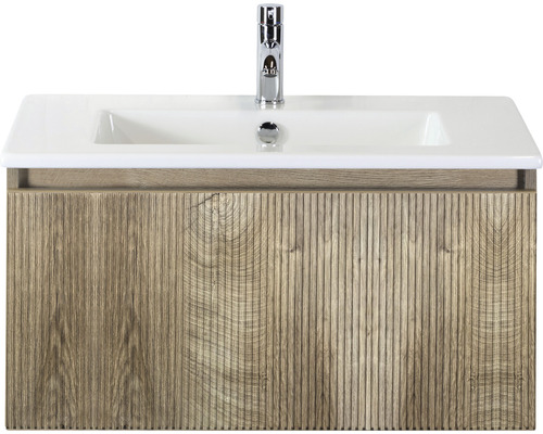 Ensemble de meubles de salle de bains Sanox Frozen 3D lxhxp 81 x 42 x 46 cm couleur de façade grain oak 2 pièces avec lavabo en céramique