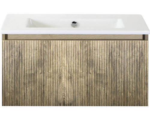 Ensemble de meubles de salle de bains Sanox Frozen 3D lxhxp 81 x 42 x 46 cm couleur de façade chêne français 2 pièces avec lavabo en céramique sans perçage de robinetterie