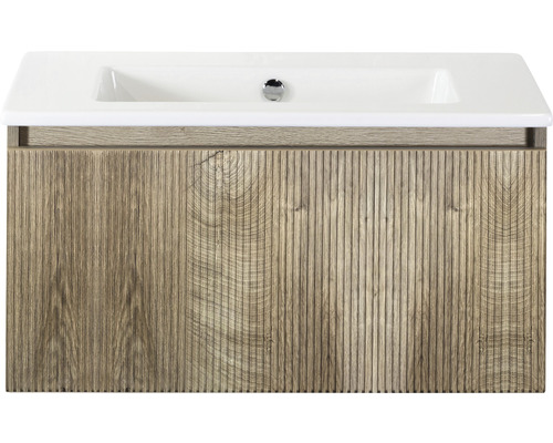Ensemble de meubles de salle de bains Sanox Frozen 3D lxhxp 81 x 42 x 46 cm couleur de façade grain oak 2 pièces avec lavabo en céramique sans perçage de robinetterie