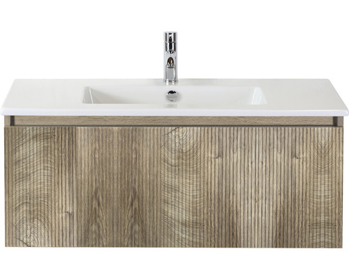 Ensemble de meubles de salle de bains Sanox Frozen 3D lxhxp 101 x 42 x 46 cm couleur de façade grain oak 2 pièces avec lavabo en céramique