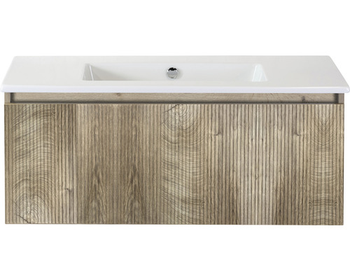 Ensemble de meubles de salle de bains Sanox Frozen 3D lxhxp 101 x 42 x 46 cm couleur de façade grain oak 2 pièces avec lavabo en céramique sans perçage de robinetterie