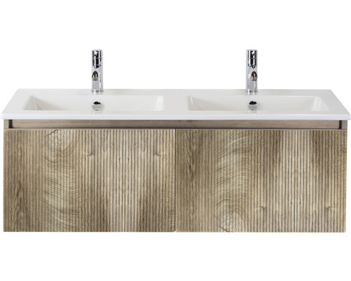 Ensemble de meubles de salle de bains Sanox Frozen 3D lxhxp 121 x 42 x 46 cm couleur de façade grain oak 2 pièces avec lavabo double en céramique