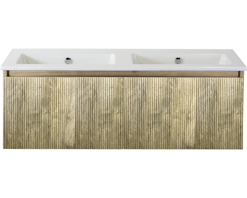 Ensemble de meubles de salle de bains Sanox Frozen 3D lxhxp 121 x 42 x 46 cm couleur de façade chêne français 2 pièces avec lavabo double en céramique sans perçage de robinetterie