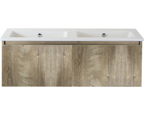 Ensemble de meubles de salle de bains Sanox Frozen 3D lxhxp 121 x 42 x 46 cm couleur de façade grain oak 2 pièces avec lavabo double en céramique sans perçage de robinetterie