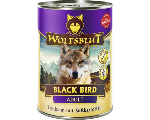 Pâtée pour chien WOLFSBLUT Black Bird Adult, dinde avec patates douces avec des supers aliments précieux, sans céréales, sans gluten 395 g