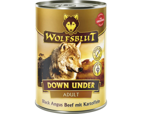 Pâtée pour chien WOLFSBLUT Down Under Adult, boeuf Black Angus avec pommes de terre avec des supers aliments précieux, sans céréales, sans gluten 395 g