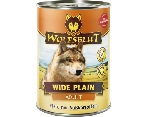 Pâtée pour chien WOLFSBLUT Wide Plain Adult, cheval avec patates douces avec des supers aliments précieux, sans céréales, sans gluten 395 g