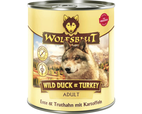 Pâtée pour chien WOLFSBLUT Wild Duck & Turkey Adult, canard et dinde avec pommes de terre avec des supers aliments précieux, sans céréales, sans gluten 800 g
