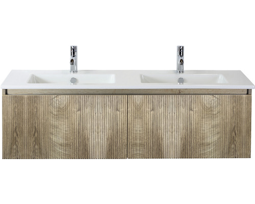 Ensemble de meubles de salle de bains Sanox Frozen 3D lxhxp 141 x 42 x 46 cm couleur de façade grain oak 2 pièces avec lavabo double en céramique