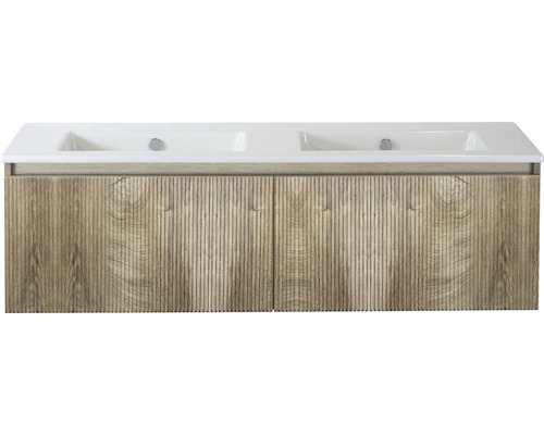 Ensemble de meubles de salle de bains Sanox Frozen 3D lxhxp 141 x 42 x 46 cm couleur de façade grain oak 2 pièces avec lavabo double en céramique sans perçage de robinetterie