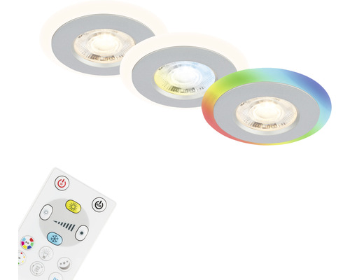 Drei Einbaustrahler mit Fernbedienung zur Steuerung der Lichtfarbe